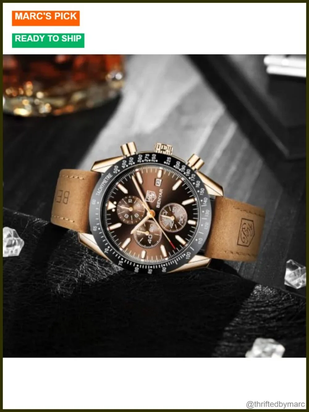 Quartz Chronograph Leather Strap Dress Watch 30M Water Resistant